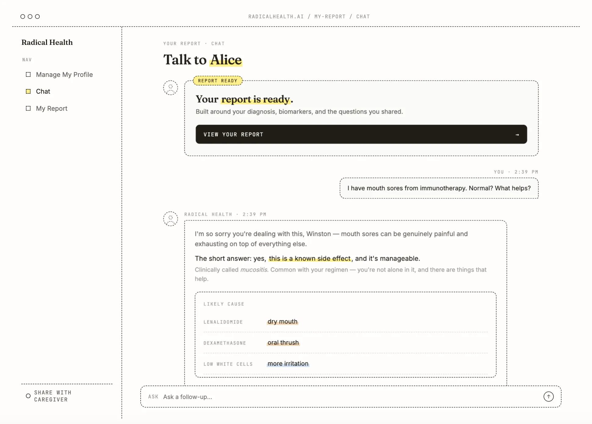 Alice oncology navigator chat interface answering a patient question