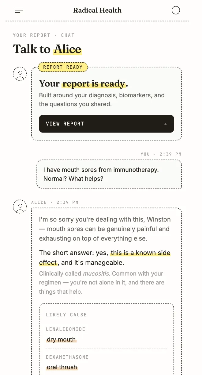 Alice oncology navigator chat interface answering a patient question