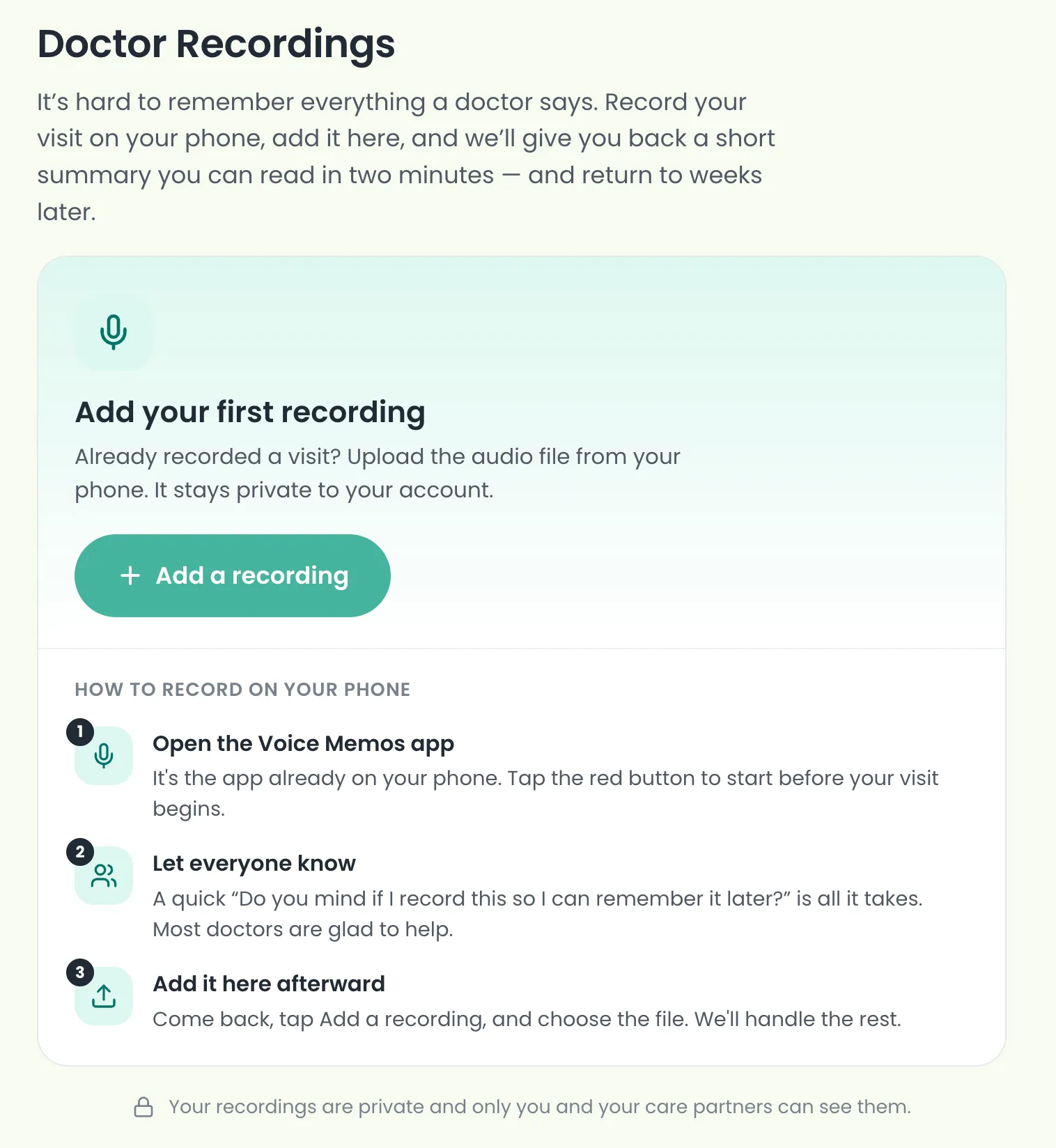 The Doctor Recordings screen in the app, showing how to record your visit and get a short summary to read later.