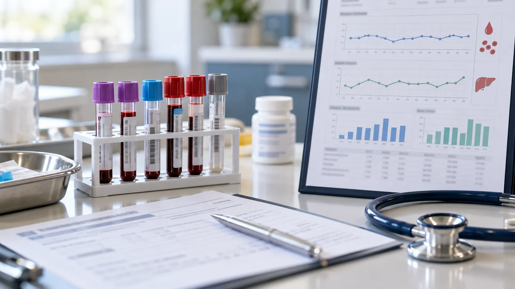 A rack of blood collection tubes with purple, blue, red and grey caps on a clinic counter, beside a white pill bottle, a stainless tray, a stethoscope, and a clipboard. A second clipboard behind shows blood count and liver function charts alongside diagrams of blood cells and a liver.