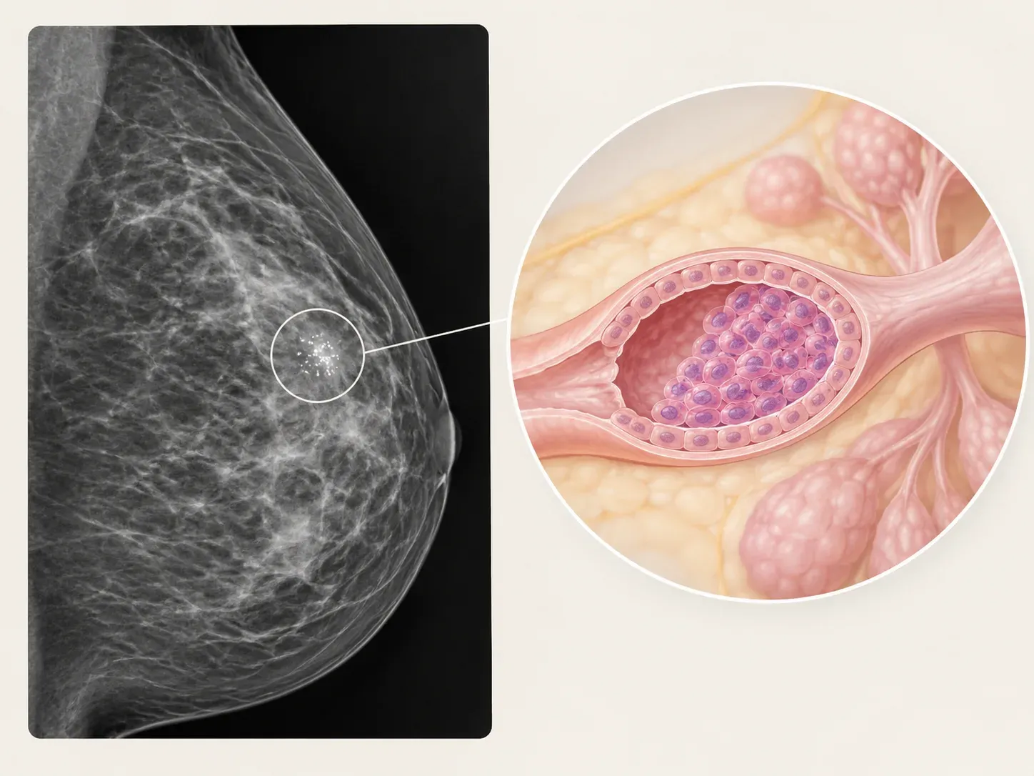 A black and white mammogram of a breast with a small cluster of white calcium specks circled, linked to an illustrated close-up of a milk duct filled with abnormal cells that have not broken through the duct wall.