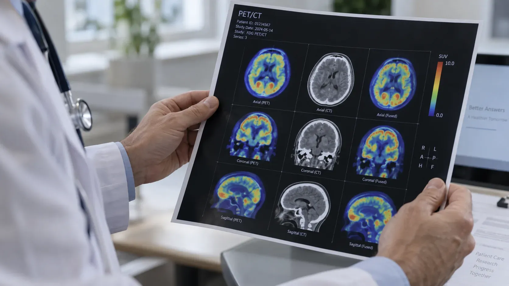 A clinician holding a printed PET/CT study, showing the same slices three ways: the color-coded PET, the grayscale CT, and the two fused together, beside an SUV intensity scale.