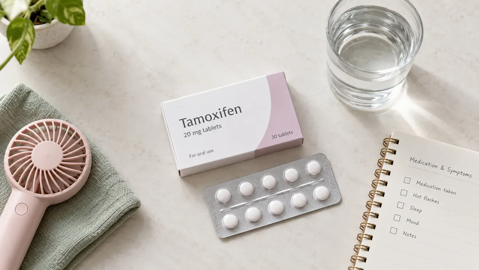 A carton of tamoxifen 20 mg tablets and a blister strip on a pale counter, with a glass of water, a small handheld fan, and a notebook headed Medication and Symptoms listing hot flashes, sleep and mood.