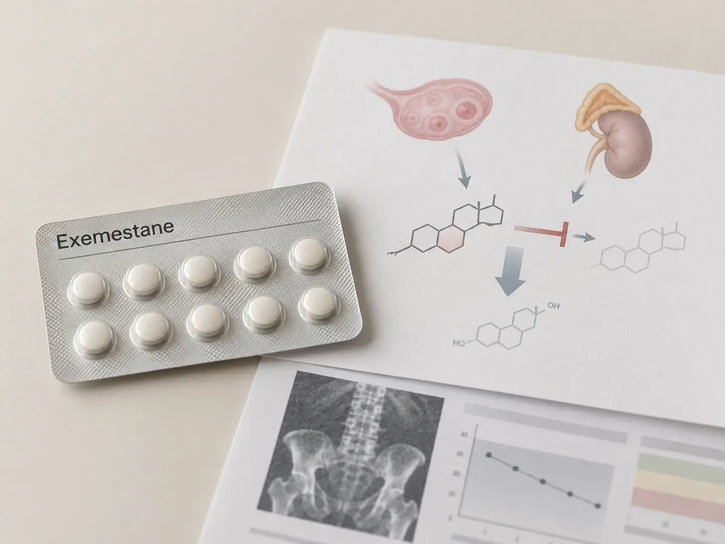 A blister pack of white tablets labeled exemestane beside a printed diagram showing the aromatase enzyme being blocked, above a spine and pelvis X-ray and a downward-trending bone density chart.