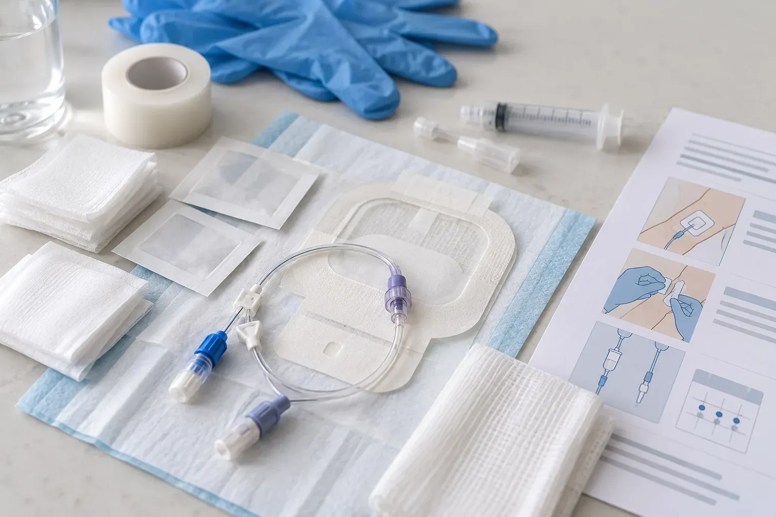 PICC line care supplies laid out on a pale counter: a double-lumen catheter with blue and purple caps, a clear securing dressing, gauze pads, medical tape, a saline syringe, blue gloves, and an illustrated instruction sheet showing dressing and flushing steps.