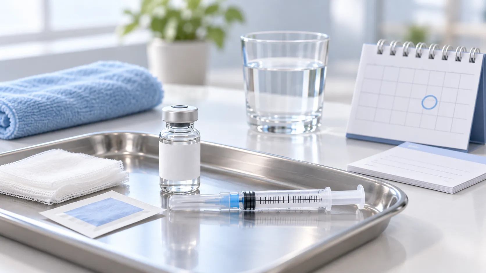 A stainless steel clinical tray holding a small unlabelled glass vial and a graduated syringe, with folded gauze squares and a sealed alcohol wipe beside them. A glass of water, a rolled blue towel and a desk calendar with one date circled in blue sit on the counter behind.