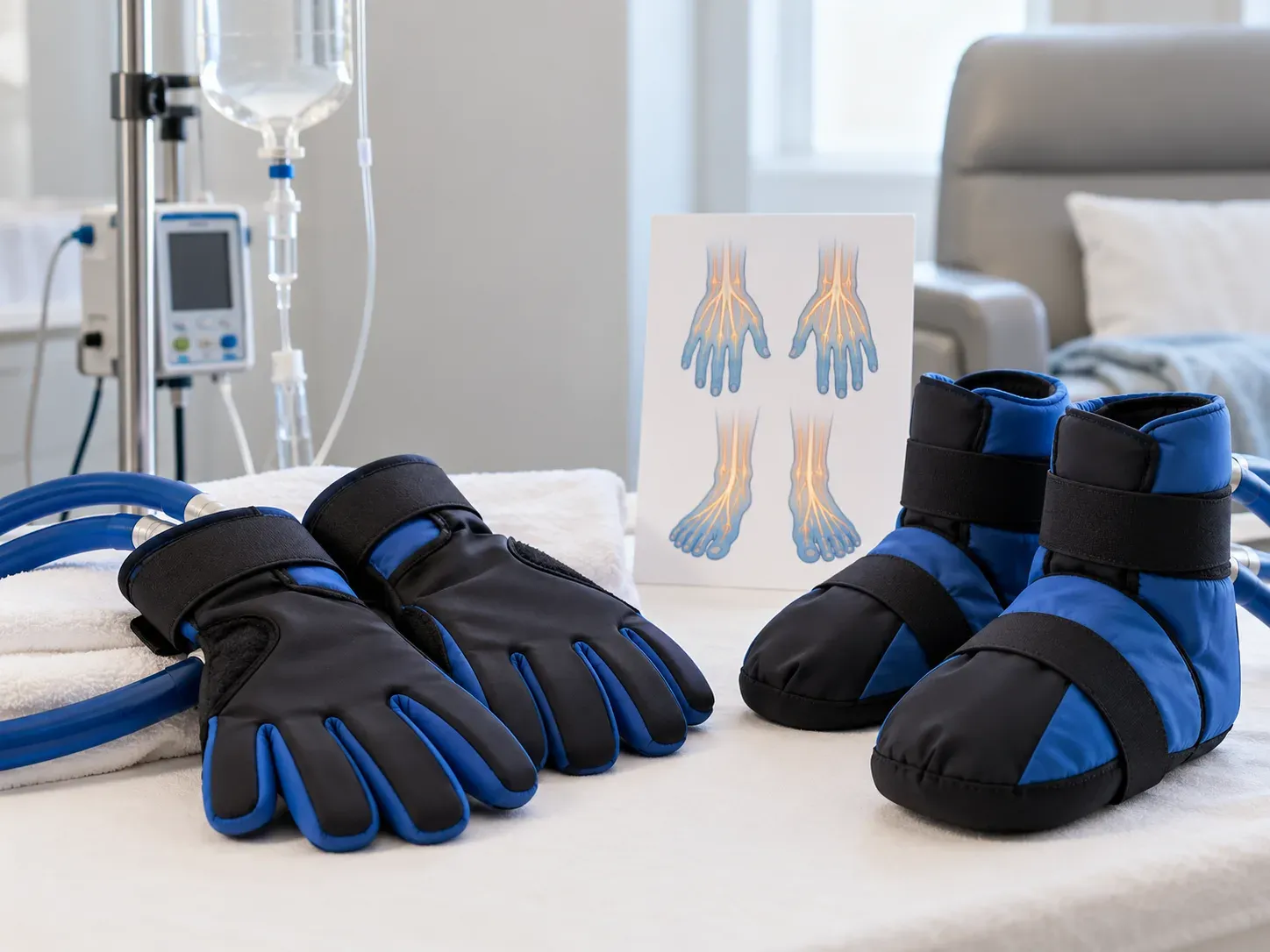 A pair of blue and black cooling gloves and booties on a towel in a chemotherapy infusion room, with an IV pole and pump behind them and a card showing the nerves of the hands and feet.