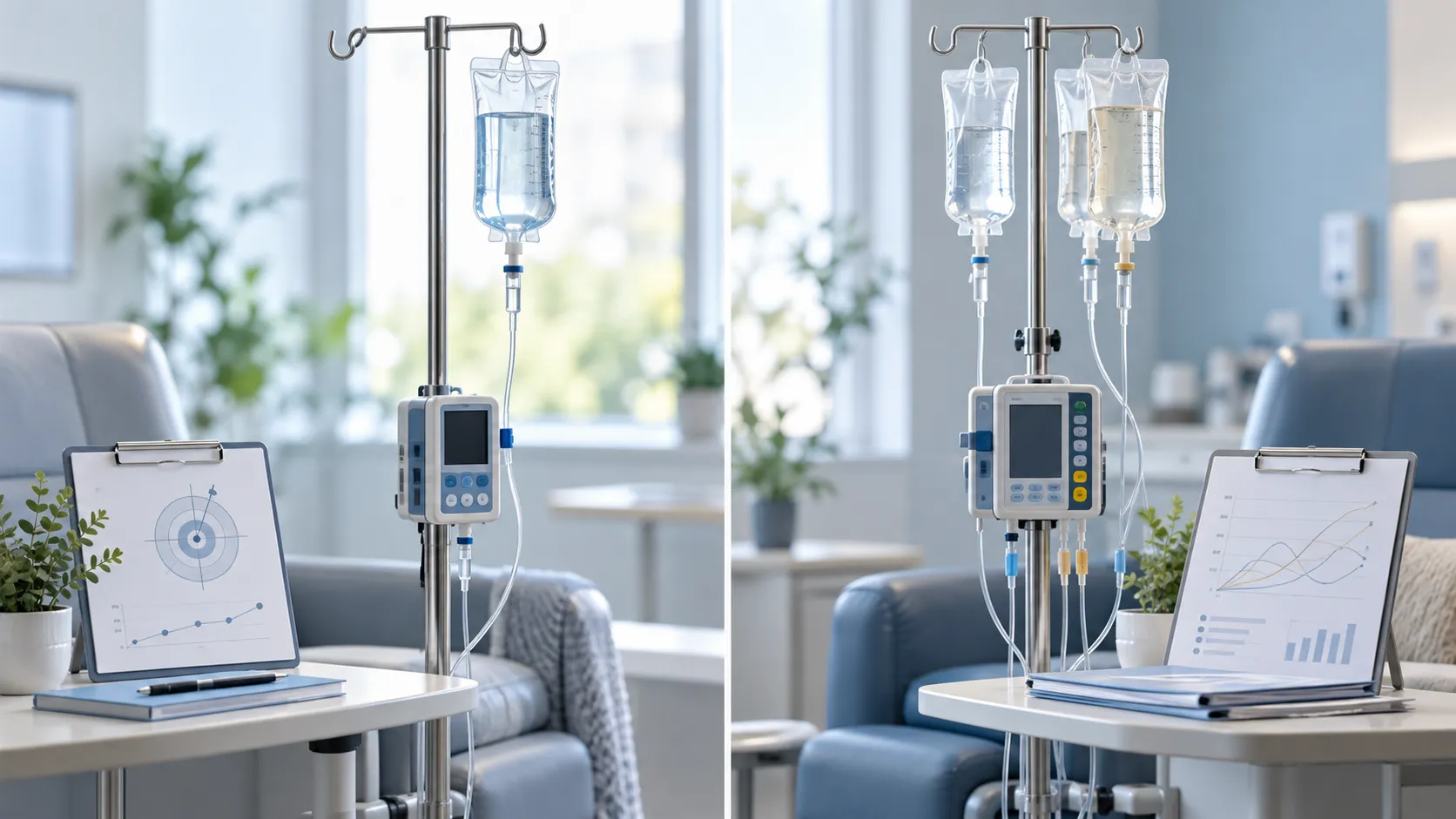 A split view of two infusion setups in a treatment room. On the left a single IV bag hangs from a stand beside a clipboard showing a target diagram and a rising line. On the right three IV bags feed one pump, beside a clipboard showing several curves and a bar chart.