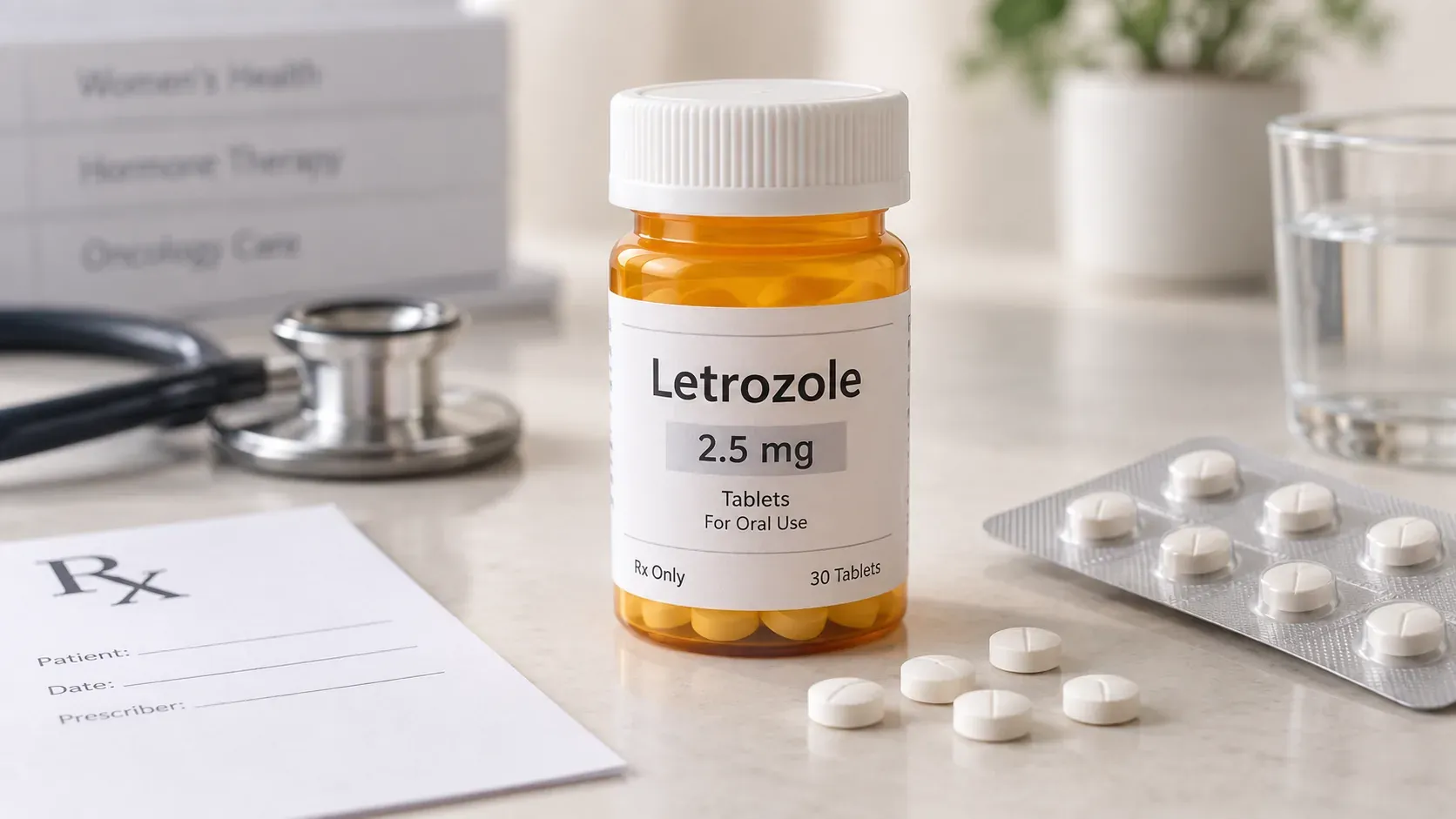 An amber prescription bottle labeled letrozole 2.5 mg on a counter, with a blister strip of white tablets, a glass of water and a stethoscope beside it.