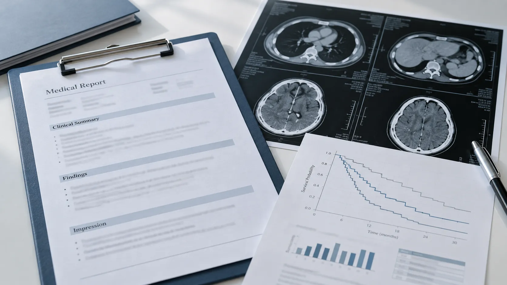 A clipboard holding a printed medical report with Clinical Summary, Findings and Impression headings, its body text blurred. Beside it a CT and MRI film shows chest and brain slices, and a second sheet carries a Kaplan-Meier survival probability curve plotted against time in months.