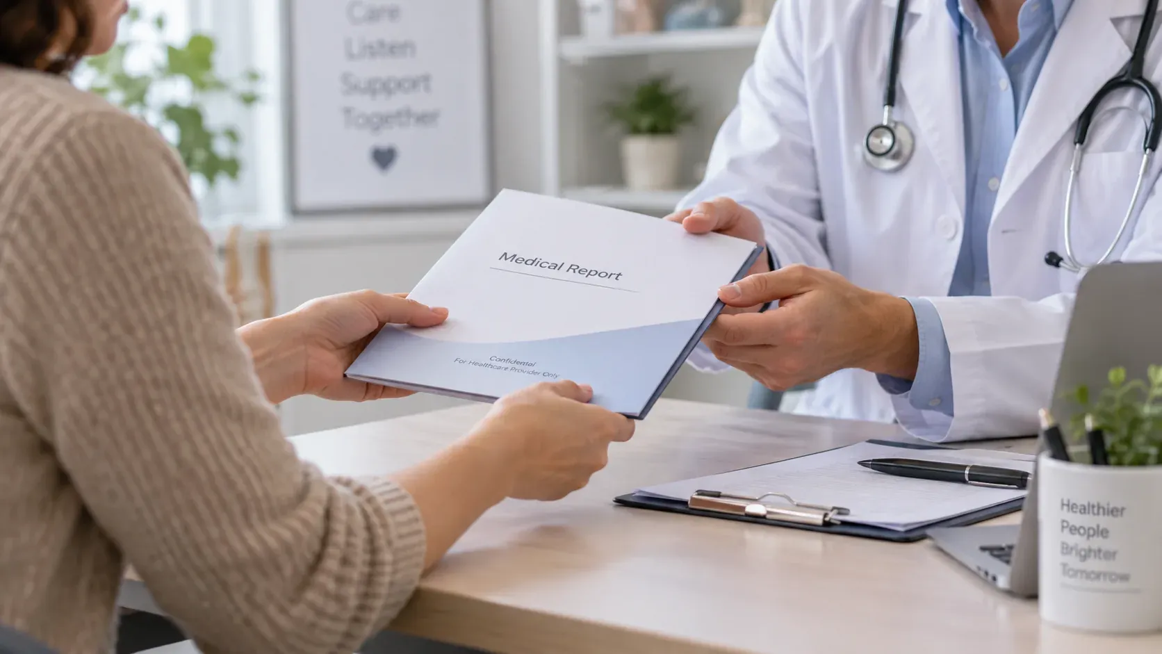 A clinician in a white coat handing a bound medical report across a desk to a patient, who takes it with both hands.